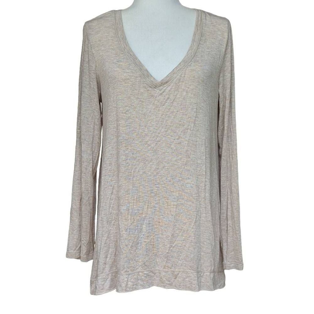 Sophie Max Tan Long Roll Tab Sleeves T-SHIRT V-neck Women Size M Relaxed Fit